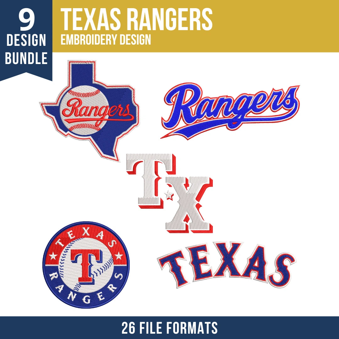 Texas Rangers Embroidery Bundle – 9 Designs, 26 Formats