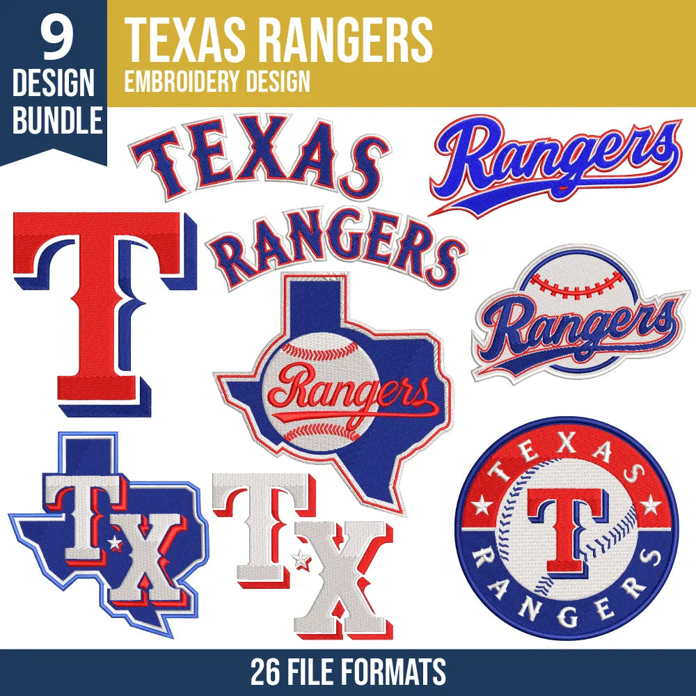 Texas Rangers Embroidery Bundle – 9 Designs, 26 Formats